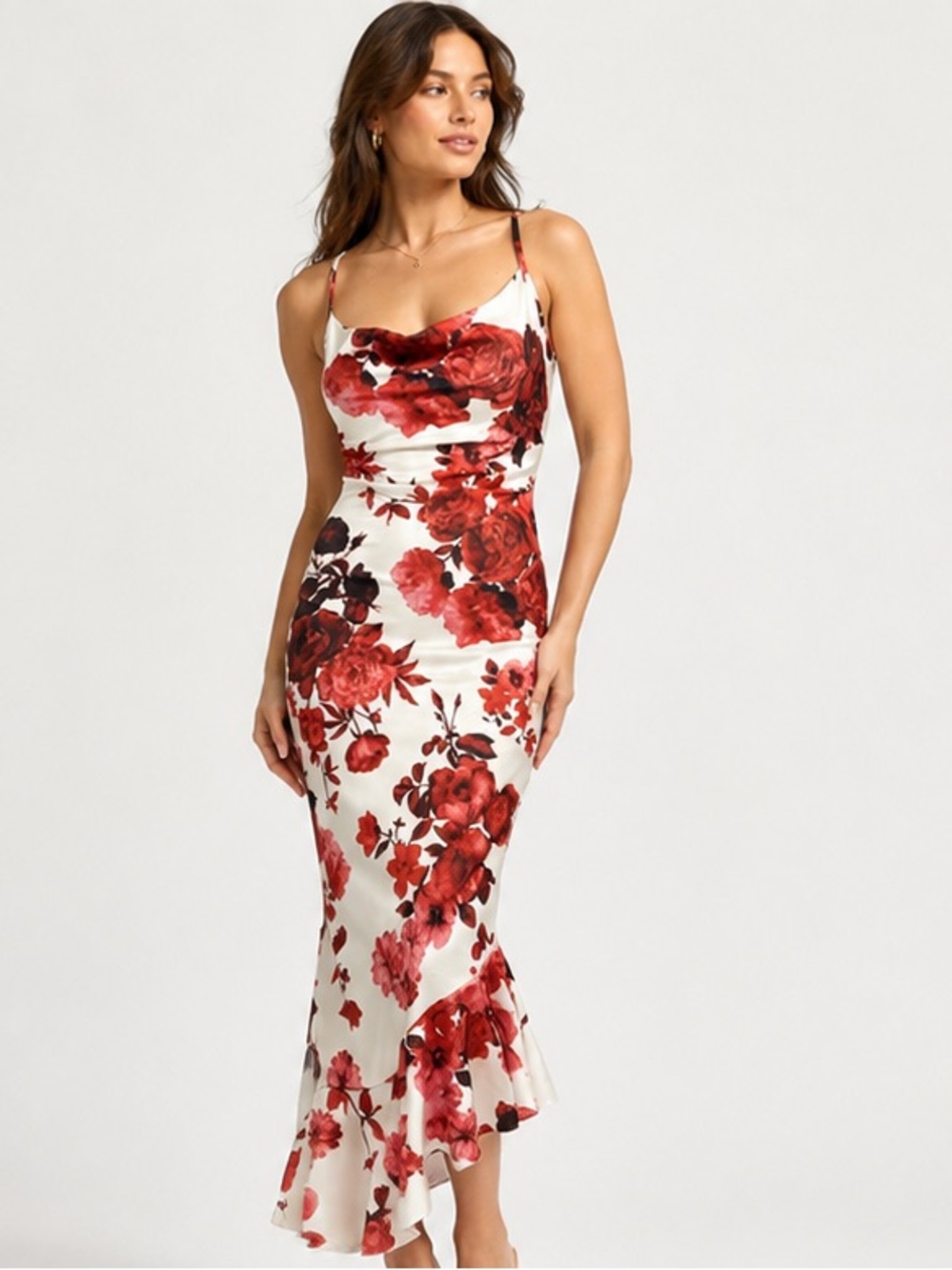 Nasty Gal Red and White Floral and Flirty Fitted Midi Dress